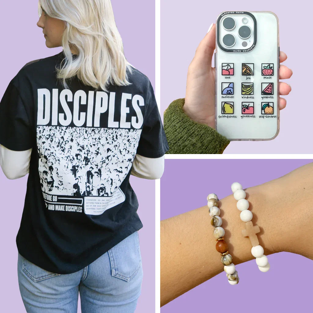 Elevated Faith collection featuring a black and white disciples tee, fruit of the spirit phone case, and beaded bracelets.