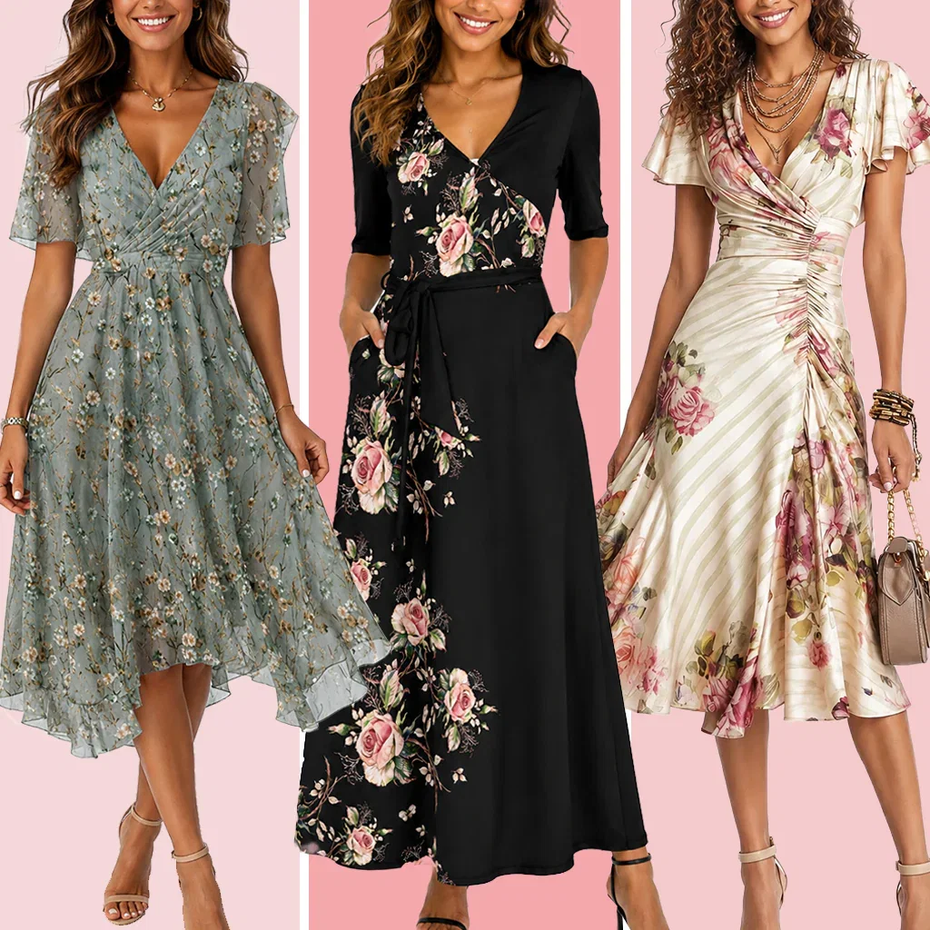 Three women modeling floral wrap dresses in sage, black, and cream against a pink background for wedding guest attire.