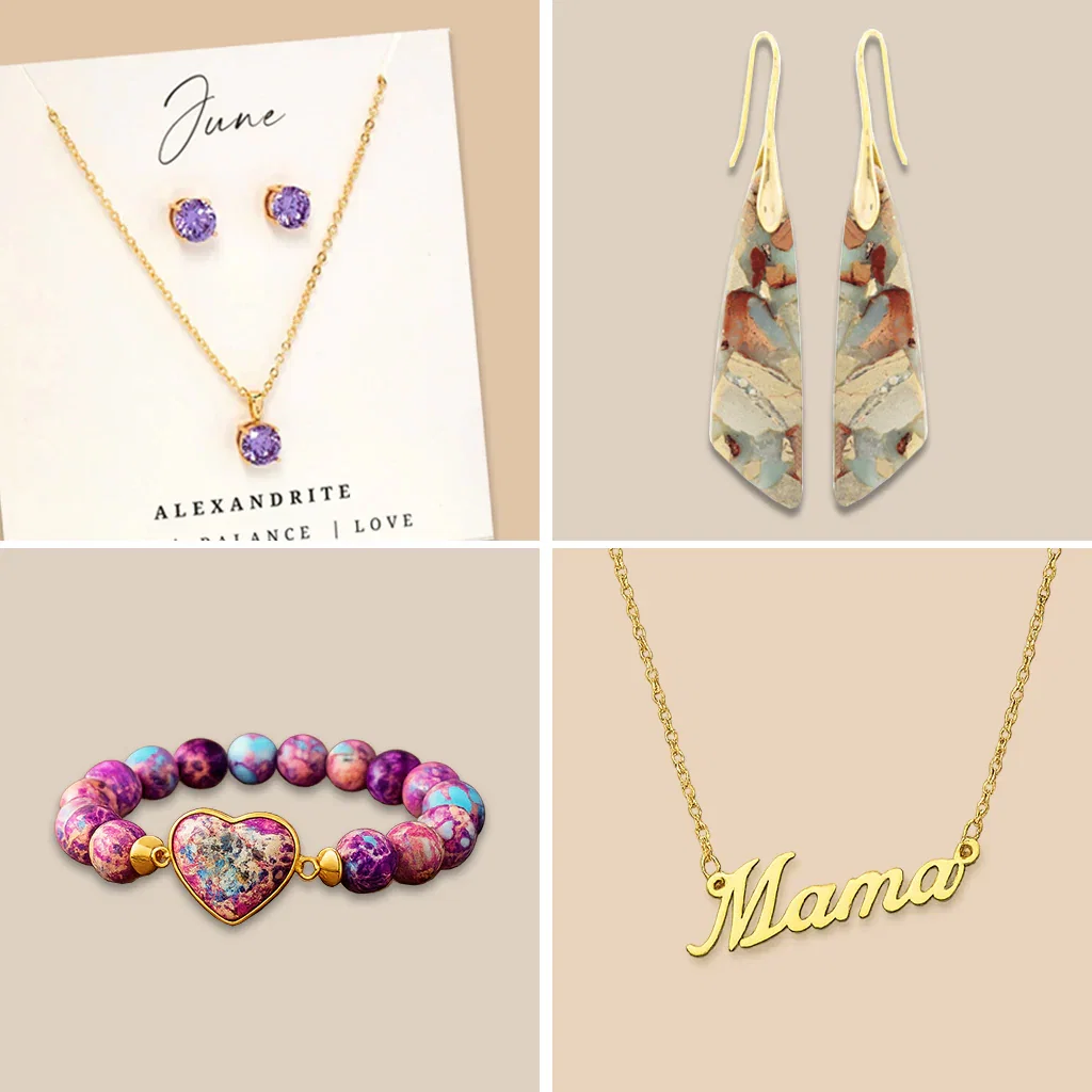 Micalla Callura jewelry collection featuring purple gemstone necklace set, colorful beaded bracelet, patterned drop earrings, and mama nameplate necklace.