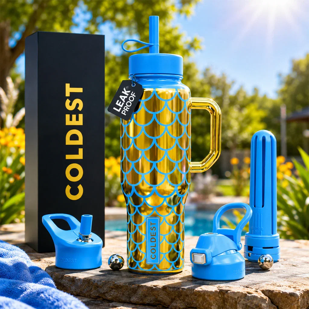 COLDEST brand hydration tumbler with blue and gold scales design, displayed with interchangeable caps by a poolside.