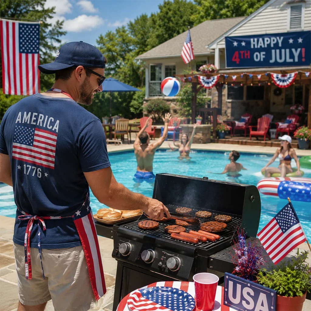 Man grilling burgers and hot dogs at a patriotic 4th of July pool party with American flags and decorations.