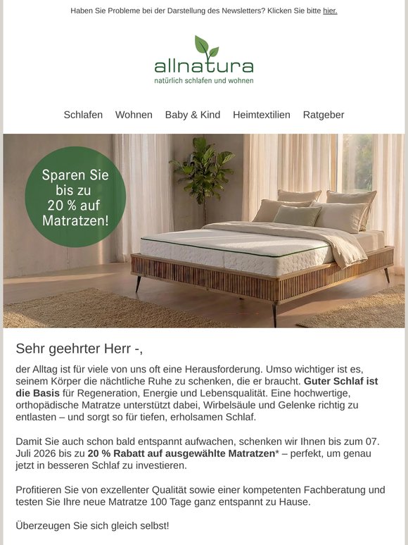 Jetzt bis zu 20 % auf Matratzen sparen!