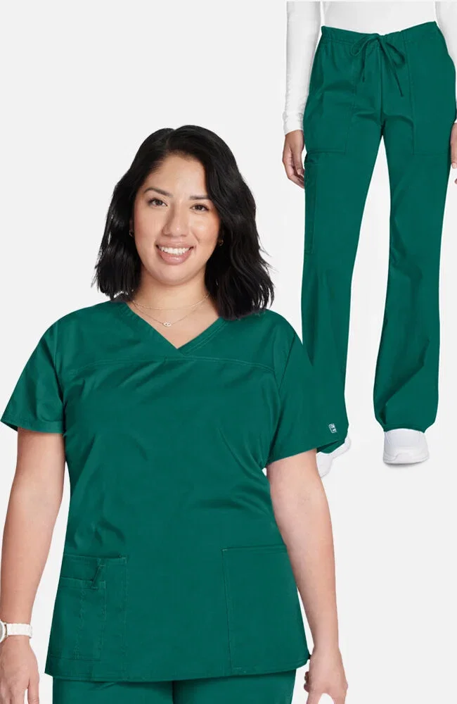 Image of Women's Scrub set: 3-Pocket V-Neck Top & Flare Leg Drawstring Pant