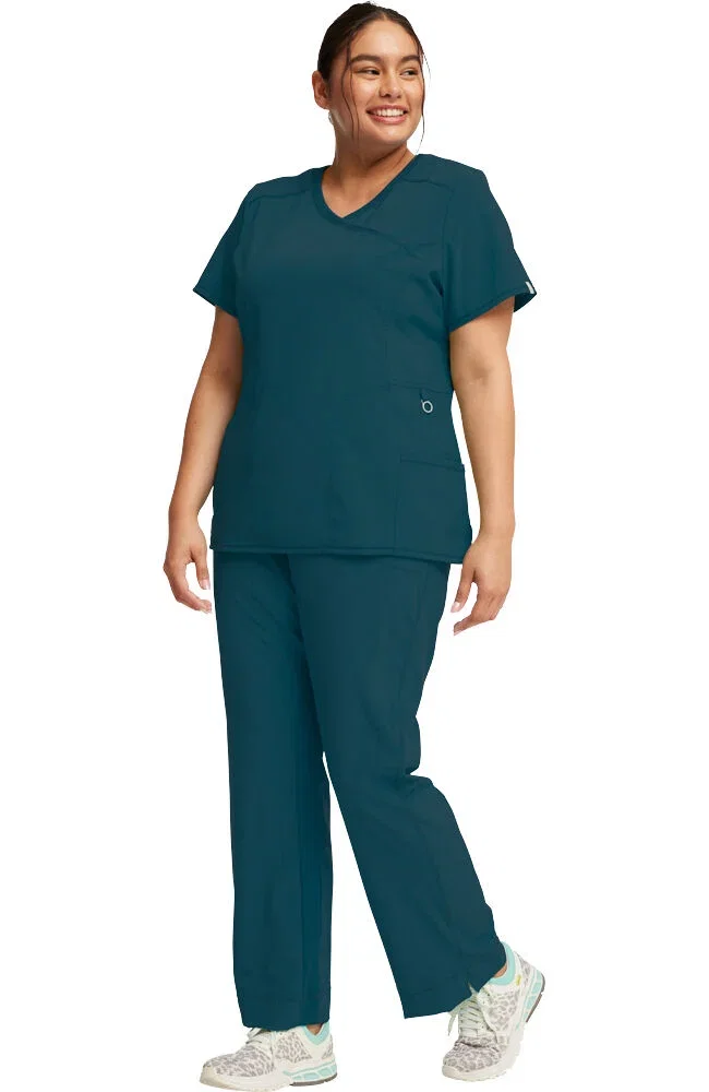 Image of Women's Scrub Set: 4-Pocket Knit Panel Mock Wrap Top & Rib Knit Drawstring Waist Pant