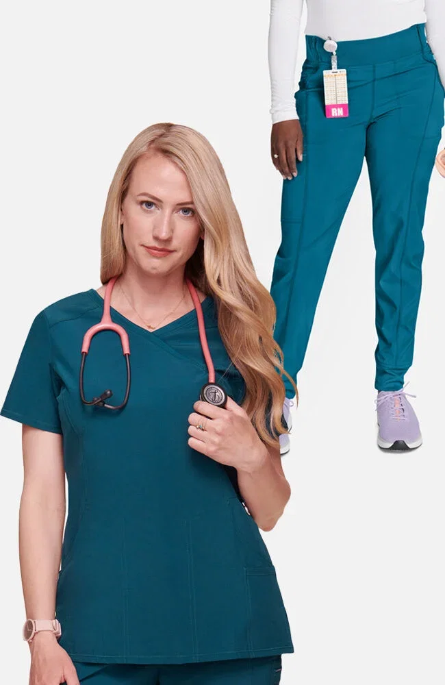Image of Women's Scrub Set: Mock Wrap Solid Top & Tapered Jogger Pant