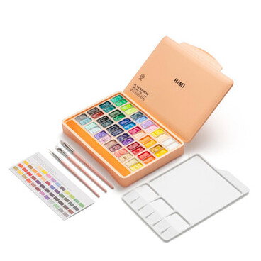 HIMI Twin Cup Gouache in Peach Fuzz Case 12g Set of 48 Assorted Colours + 3 Brushes
