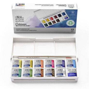 Winsor & Newton Cotman Sketcher's Pocket Box Including 1 Artists' Watercolour & Brush Cass Exclusive Half Pan Set of 13