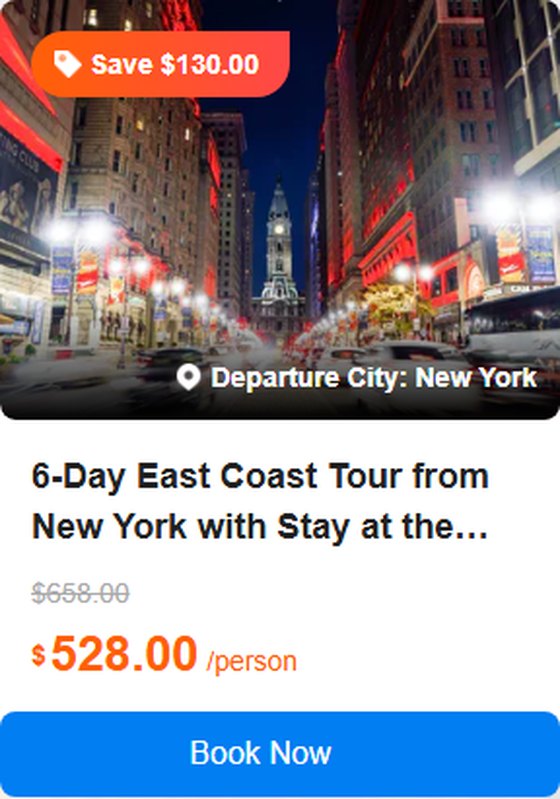 6-Day East Coast Tour from New York with Stay at the EWR Hotel: Philadelphia, Washington D.C., Niagara Falls and Boston | JFK/LGA Airport Pick-up 4.9 (63 reviews) Tour Code: 3044