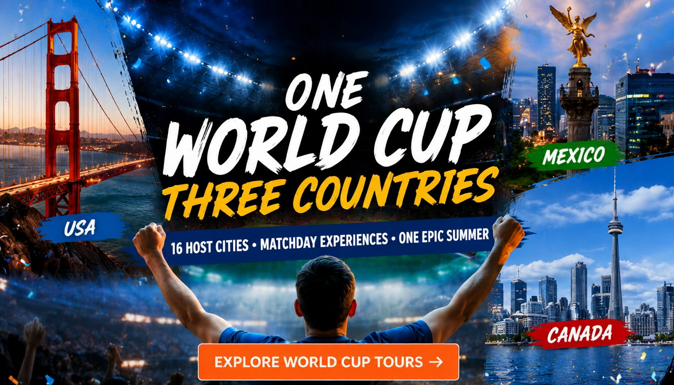 Image promotes "One World Cup, Three Countries" tours in USA, Mexico, and Canada.