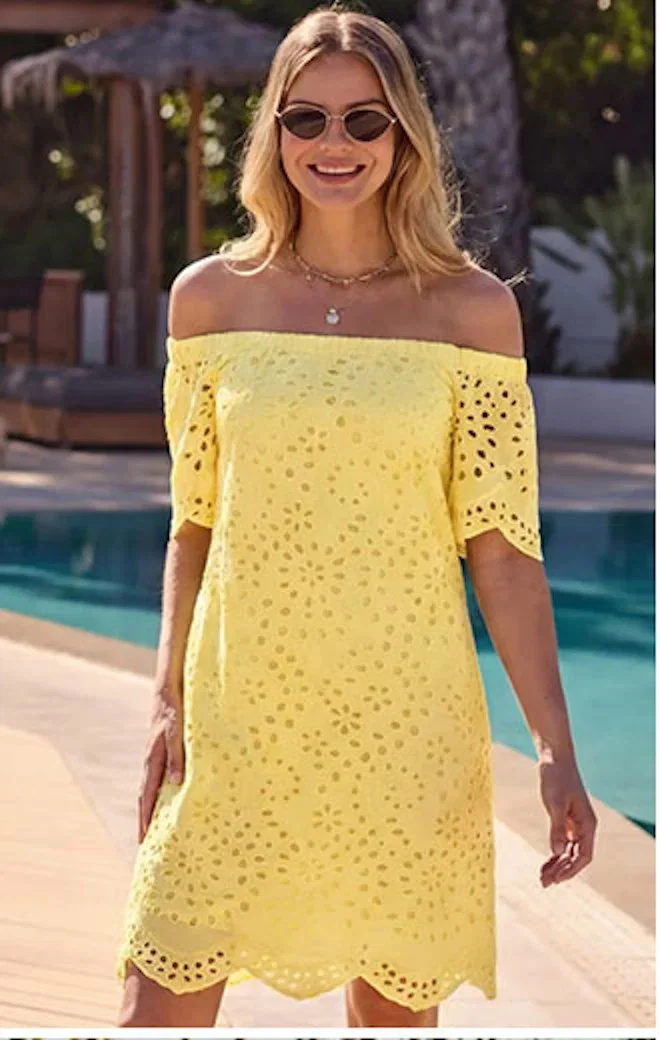 Lemon Yellow Broderie Bardot Dress