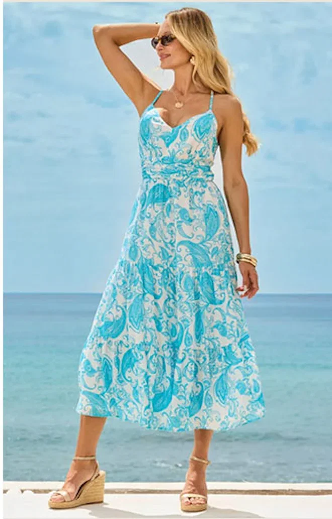 Blue & White Paisley Print Midaxi Dress