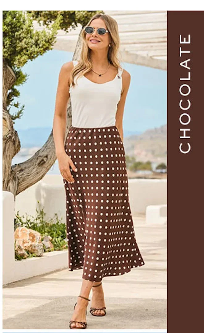 Chocolate Brown Polka Dot Print Satin Skirt