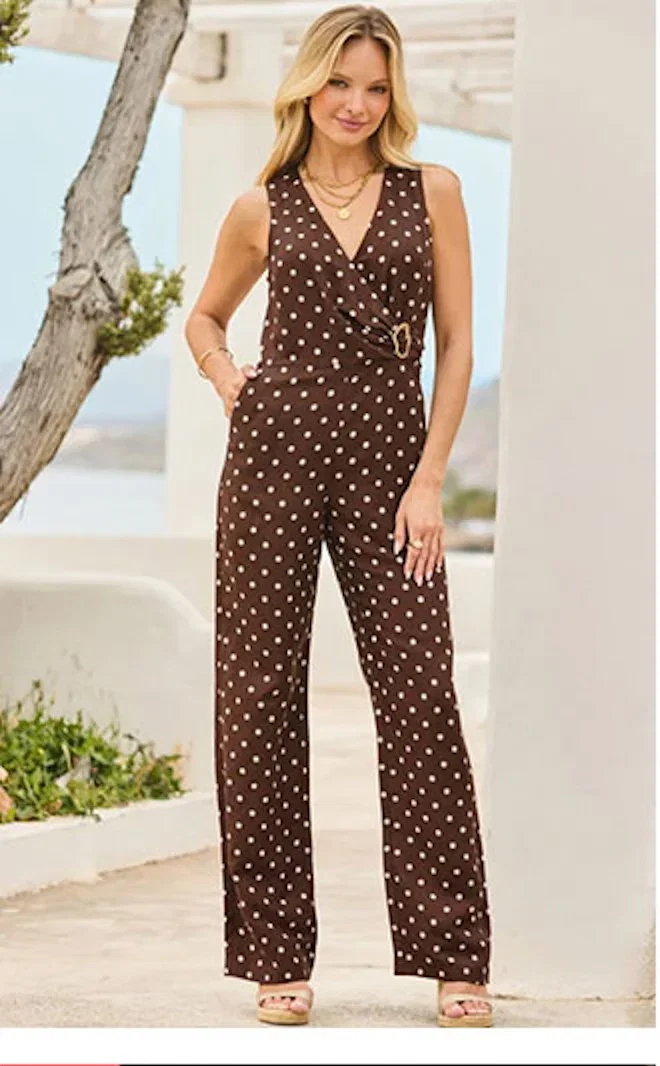 Brown Polka Dot Linen Blend Jumpsuit