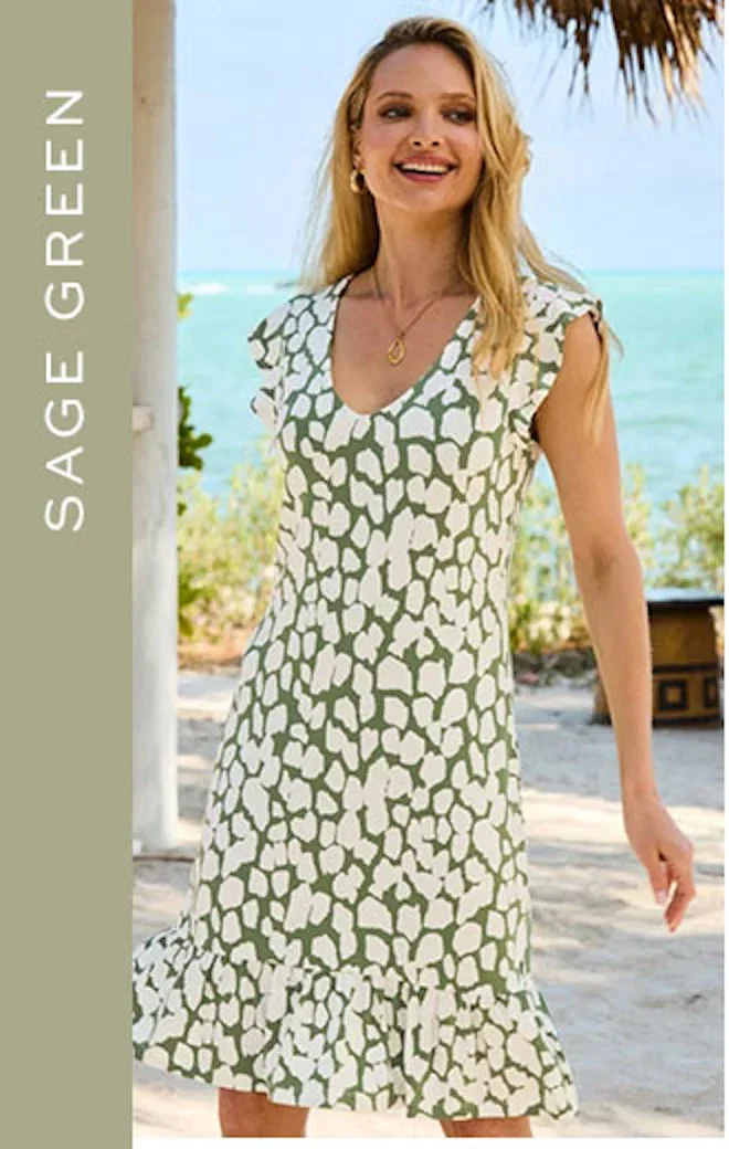 Khaki Green & White Morocco Print Ruffle Detail Shift Dress