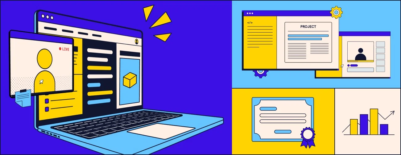 Live online learning illustration showing a laptop with a live instructor and course dashboard, next to a list of paid courses and coins