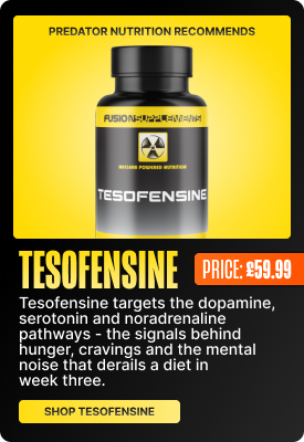 Tesofensine supplement bottle with Predator Nutrition label on yellow background, price £59.99