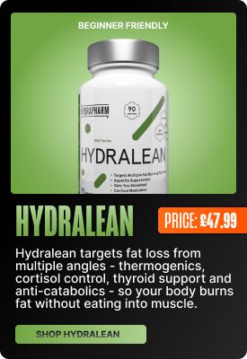 Hydralean fat-loss supplement bottle on green background, 'Beginner Friendly' banner and price tag £47.99