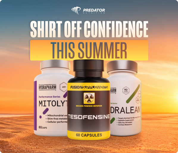 Three supplement bottles on a sunlit sandy beach at sunset with headline 'Shirt off confidence this summer' and Predator Nutrition logo