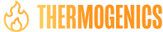 Thermogenics logo — orange flame icon to the left of bold uppercase “THERMOGENICS” wordmark