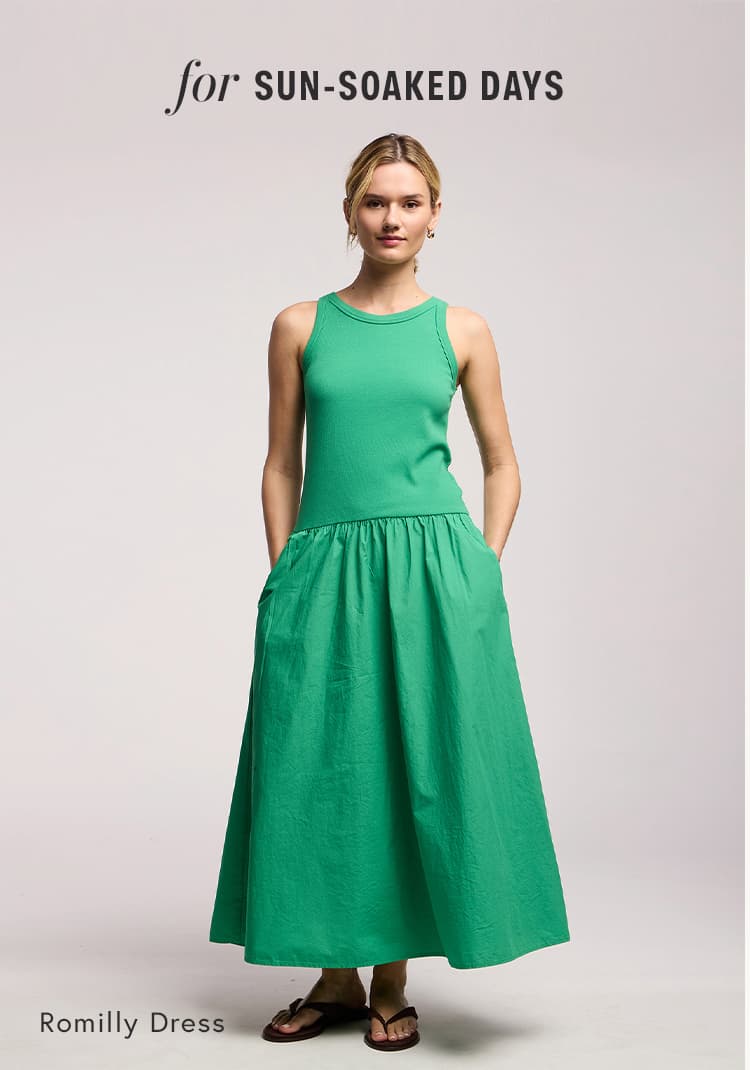 Image shows a model wearing Romilly dress in Shamrock. Text reads "for Sun-Soaked Days" and also reads "Romilly Dress".