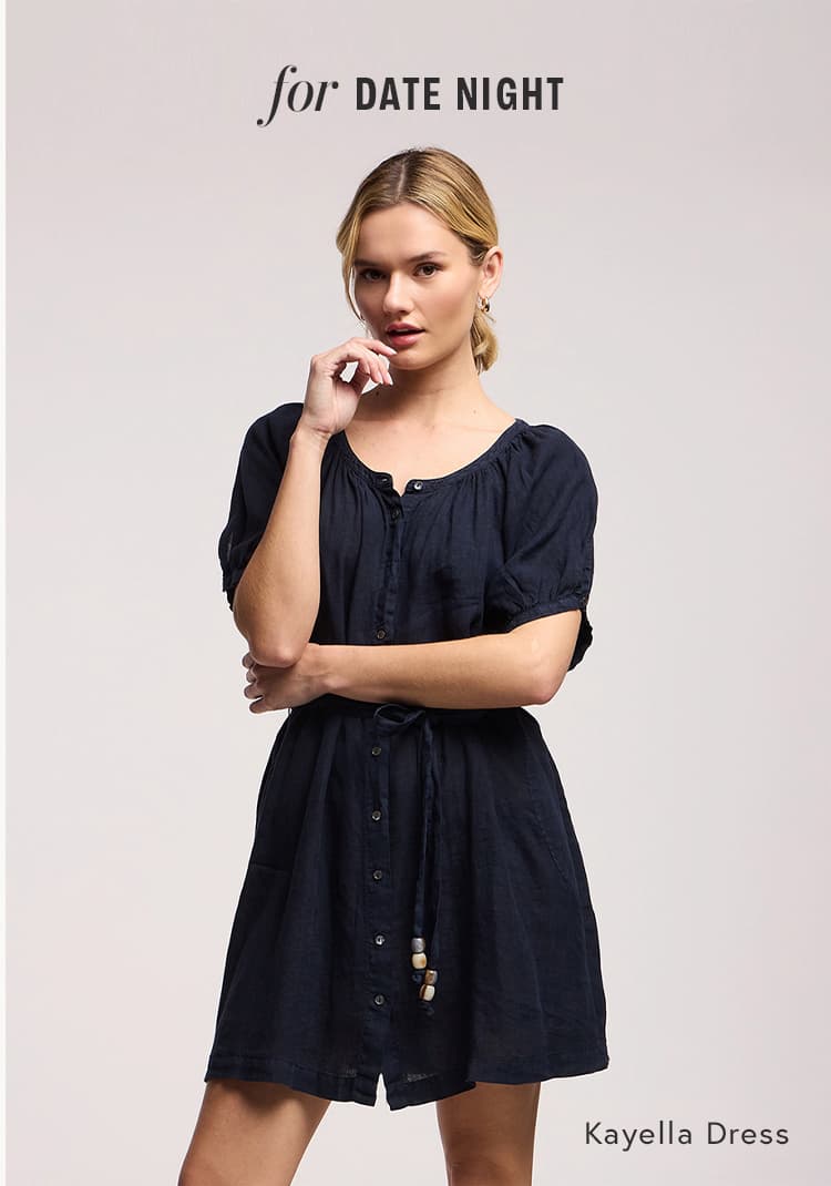 Image shows model wearing Kayella Dress in Navy. Text reads "for Date Night" and also reads "Kayella Dress". 