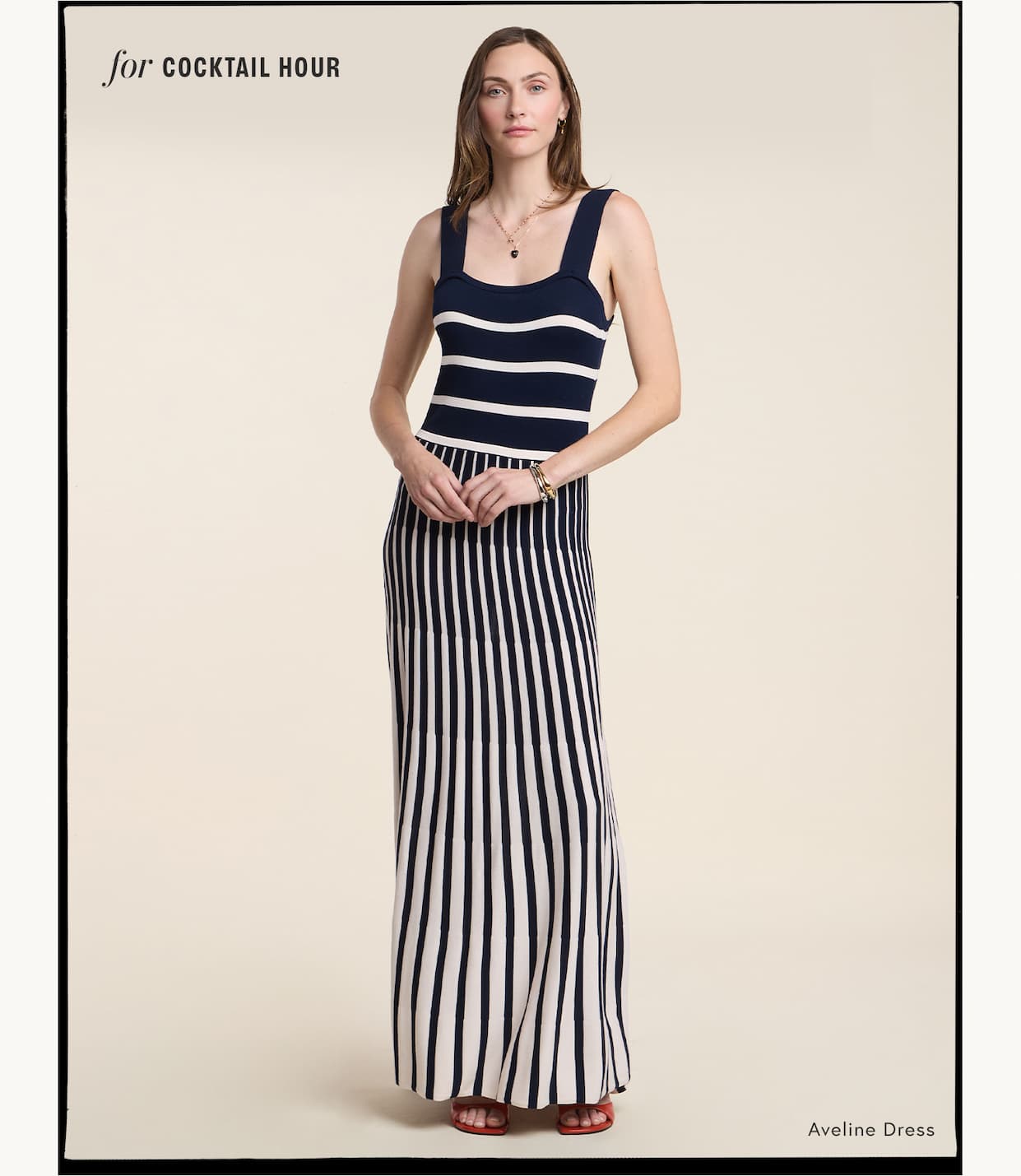 Image of model wearing Aveline Dress in Navy. Text reads on top right "for COCKTAIL HOUR" and on the bottom right "Aveline Dress".