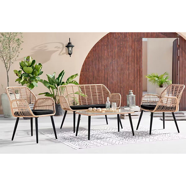 7tlg. helles Rattan Loungeset mit Sitzkissen in schwarz