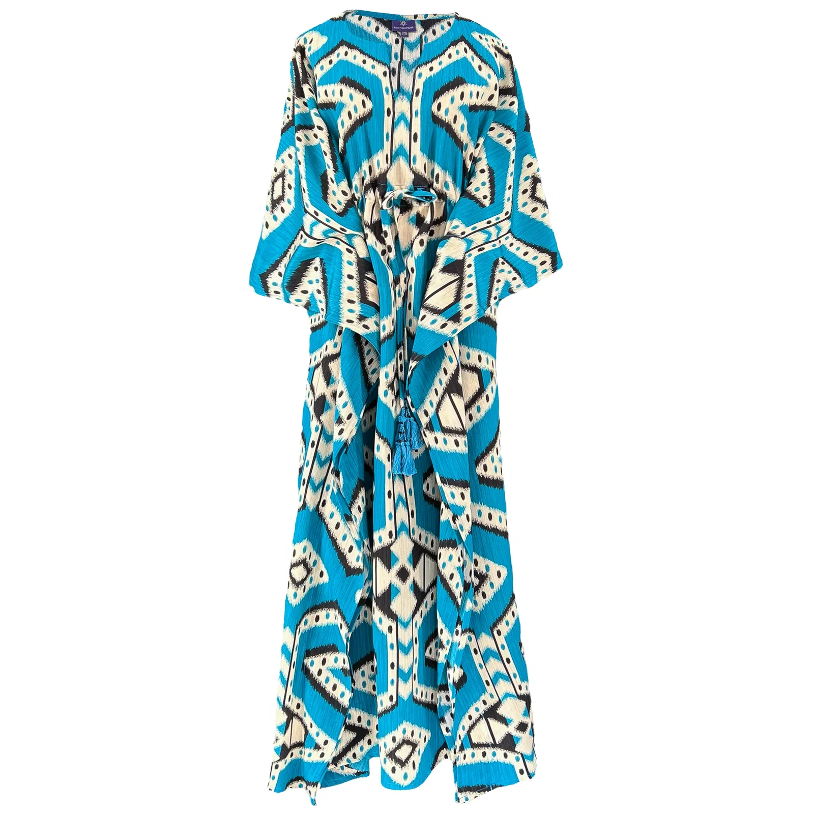 Image of Bukhara Blue Ikat Maxi Kaftan Dress Italian Silk