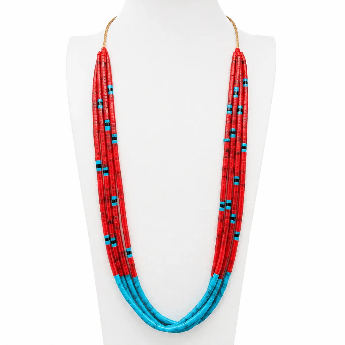 Image of Turquoise and Apple Coral Four Strand Santo Domingo Necklace