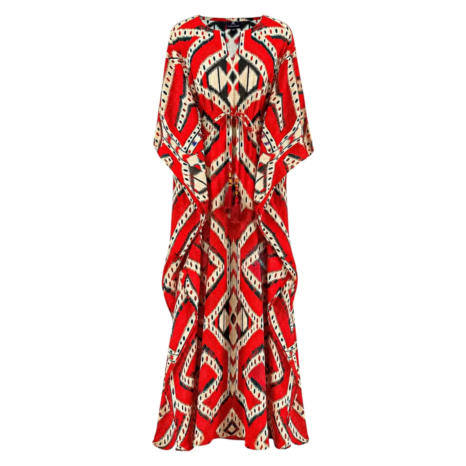 Image of Bukhara Coral Ikat Italian Silk Maxi Kaftan Dress