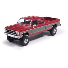 1977 GMC Sierra Grande K2500 Crew Cab Wideside - Dark Red Metallic and Silver Special Two-Tone - Lifted 1:64 Scale Diecast Model Truck by IXO Models