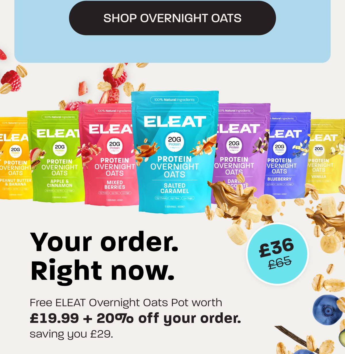 Colorful packets of ELEAT protein overnight oats with a special offer and pricing details.