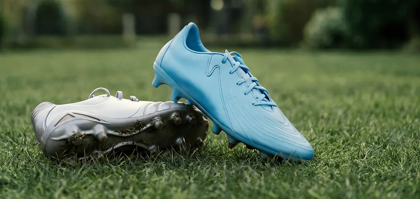 Paar Fussballschuhe, einer blau und einer weiss, auf grünem Gras mit Bäumen und einem Sonnenuntergangshimmel im Hintergrund platziert.