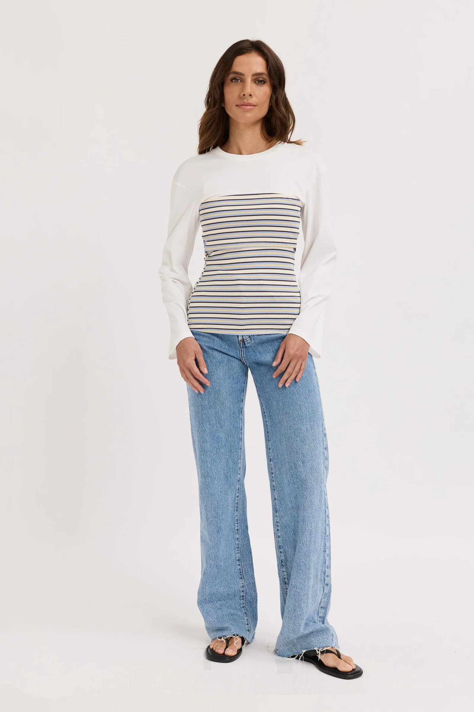 Image of Jo Ribbed Bodice Long Sleeve Top - White / Multi Stripe