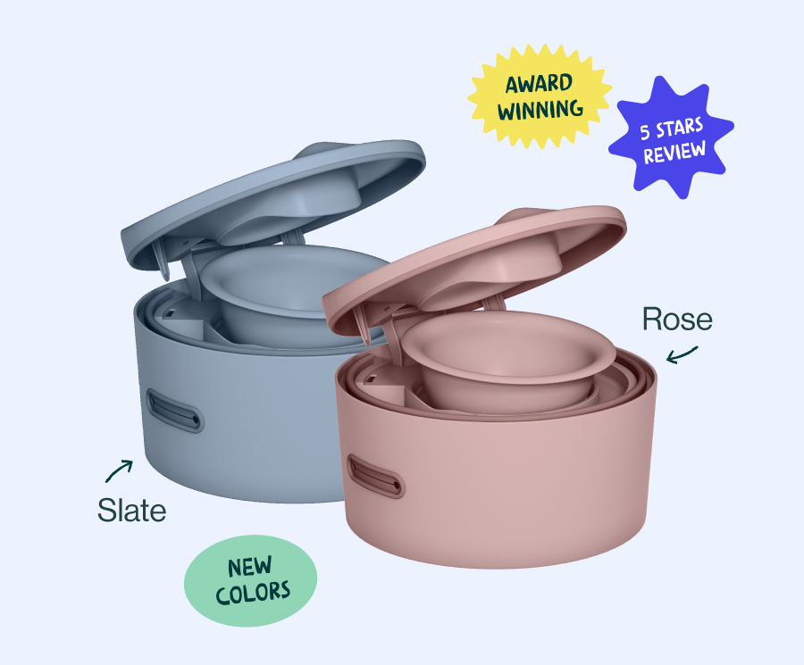 The 3-in-1 Potty in two new colors, Slate (blue) and Rose (pink), shown open to reveal the nested design. Marked award winning and five stars review.