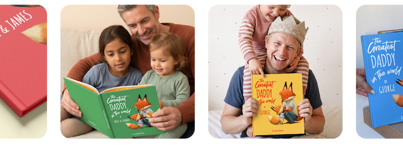 A selection of lifestyle images showing the Greatest Dad book — including a father and two children reading together, a grandad laughing with a child on his shoulders, and the book's illustrated cover