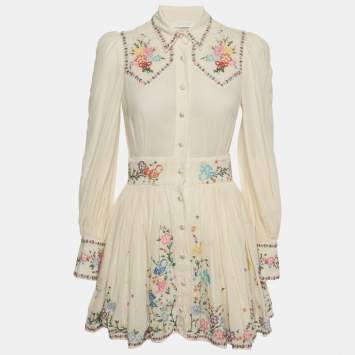 Beige Floral Embroidered Cotto