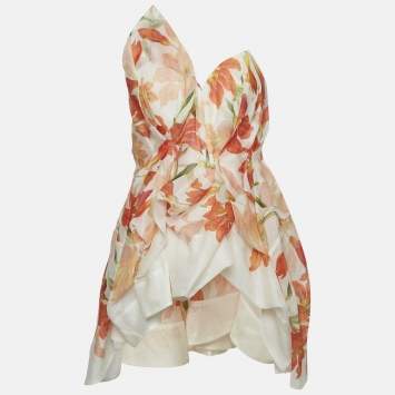 Orange Floral Print Linen Blen