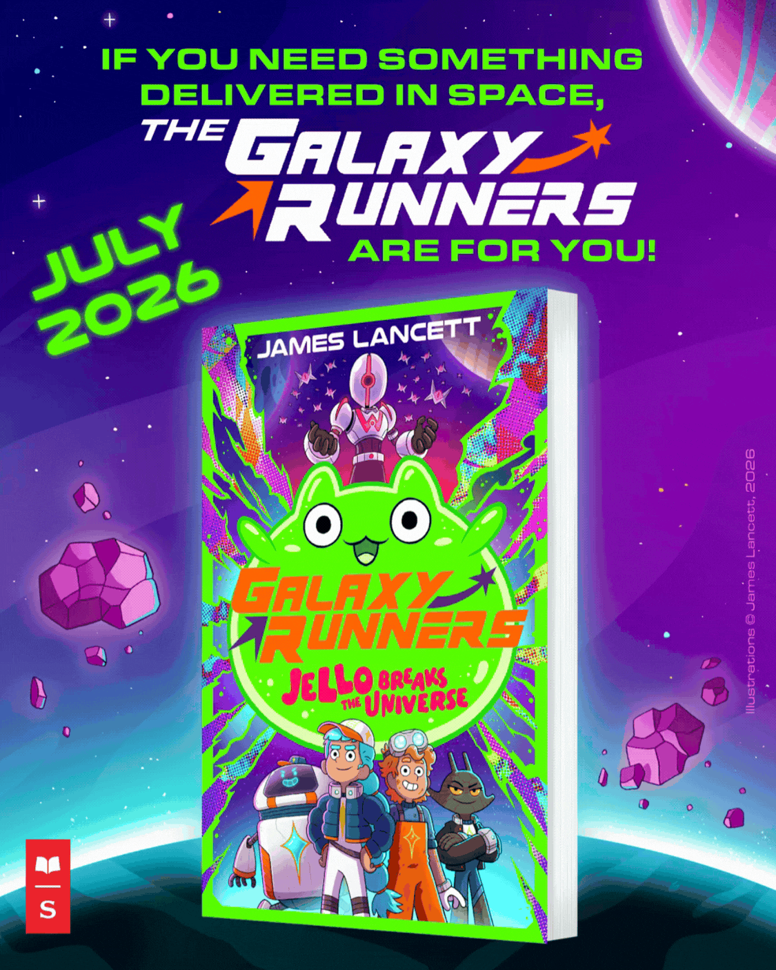 A galaxy backdrop with floating rocks, spotlighting the front cover of Galaxy Runners.