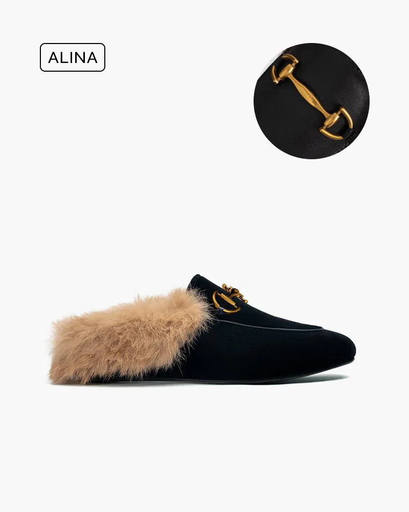 (Clean Up - US 7) Alina Velvet Backless Fur Slip-on Comfort Mules