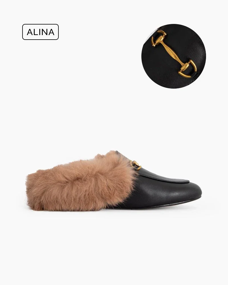 (Clean Up) Alina Elegant Leather Backless Fur Slip-On Mules