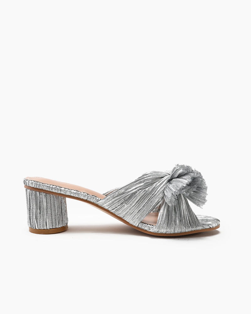 (Clean Up) Silver Pleated Bow Open Toe Chunky Block Heel Sandals