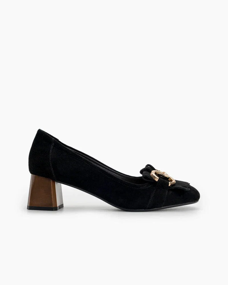 (Clean Up - US 8) Suede Tassel Chain Decor Block Heel Loafers