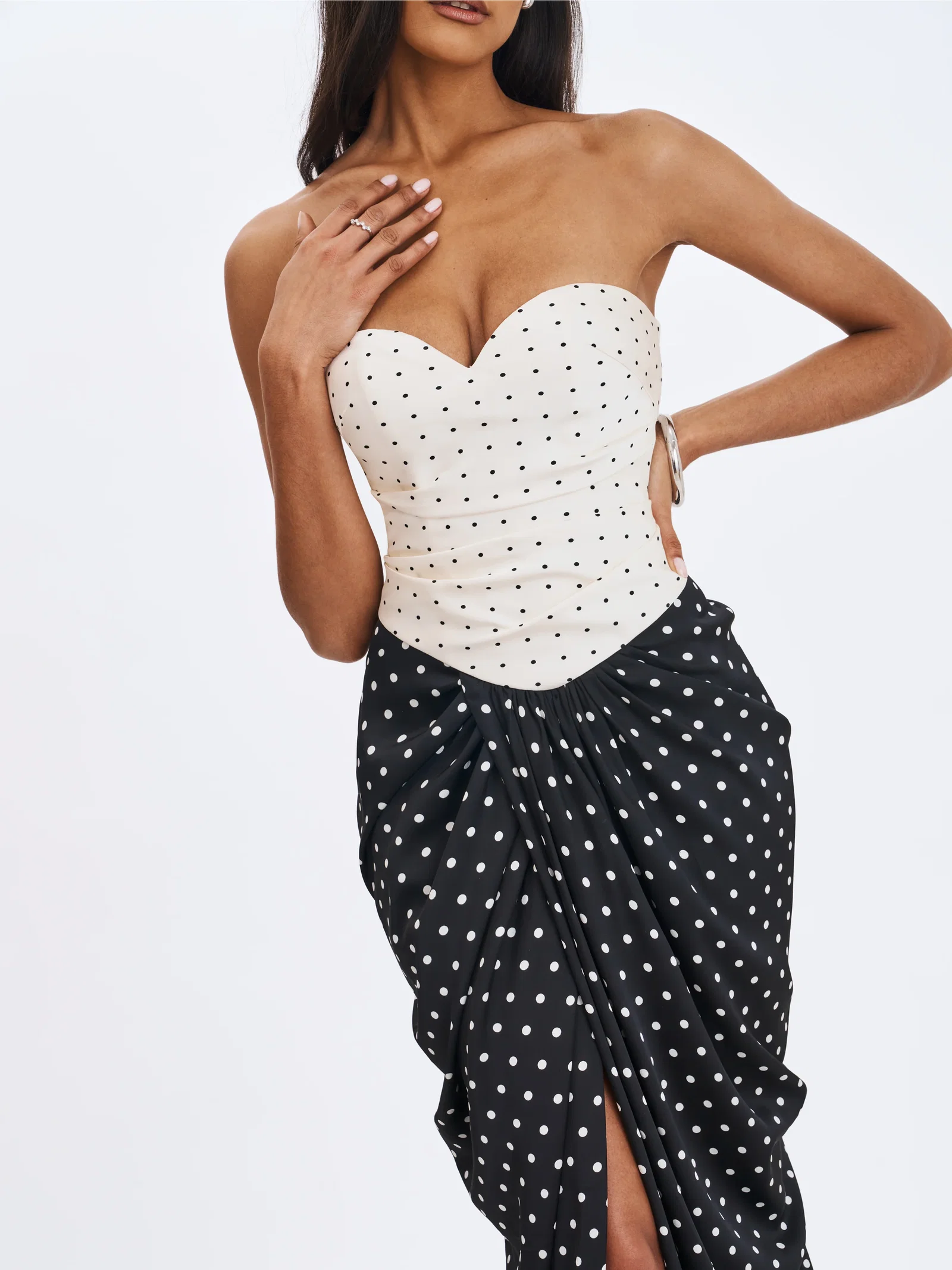 Tamryn Black & White Polka Dot Sweetheart Maxi Dress