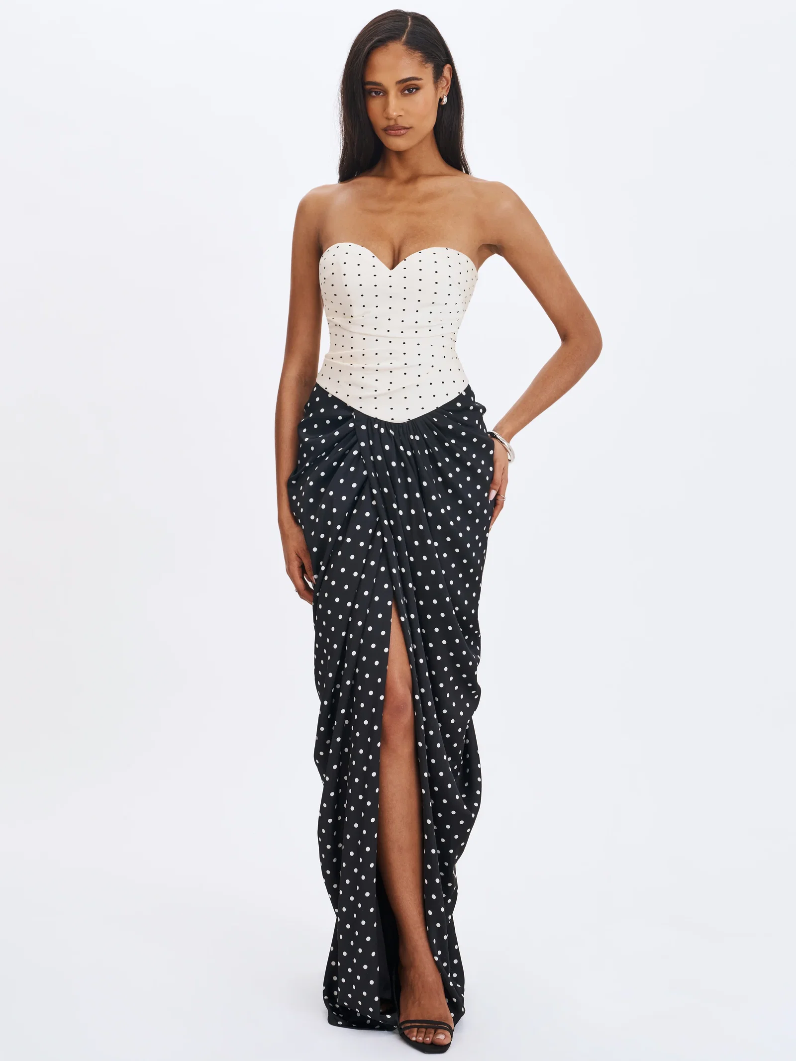 Tamryn Black & White Polka Dot Sweetheart Maxi Dress