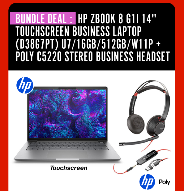 Bundle Deal: HP ZBook 8 G1i 14" Touchscreen Business Laptop (D38G7PT) U7/16GB/512GB/W11P + Poly C5220 Stereo Business Headset