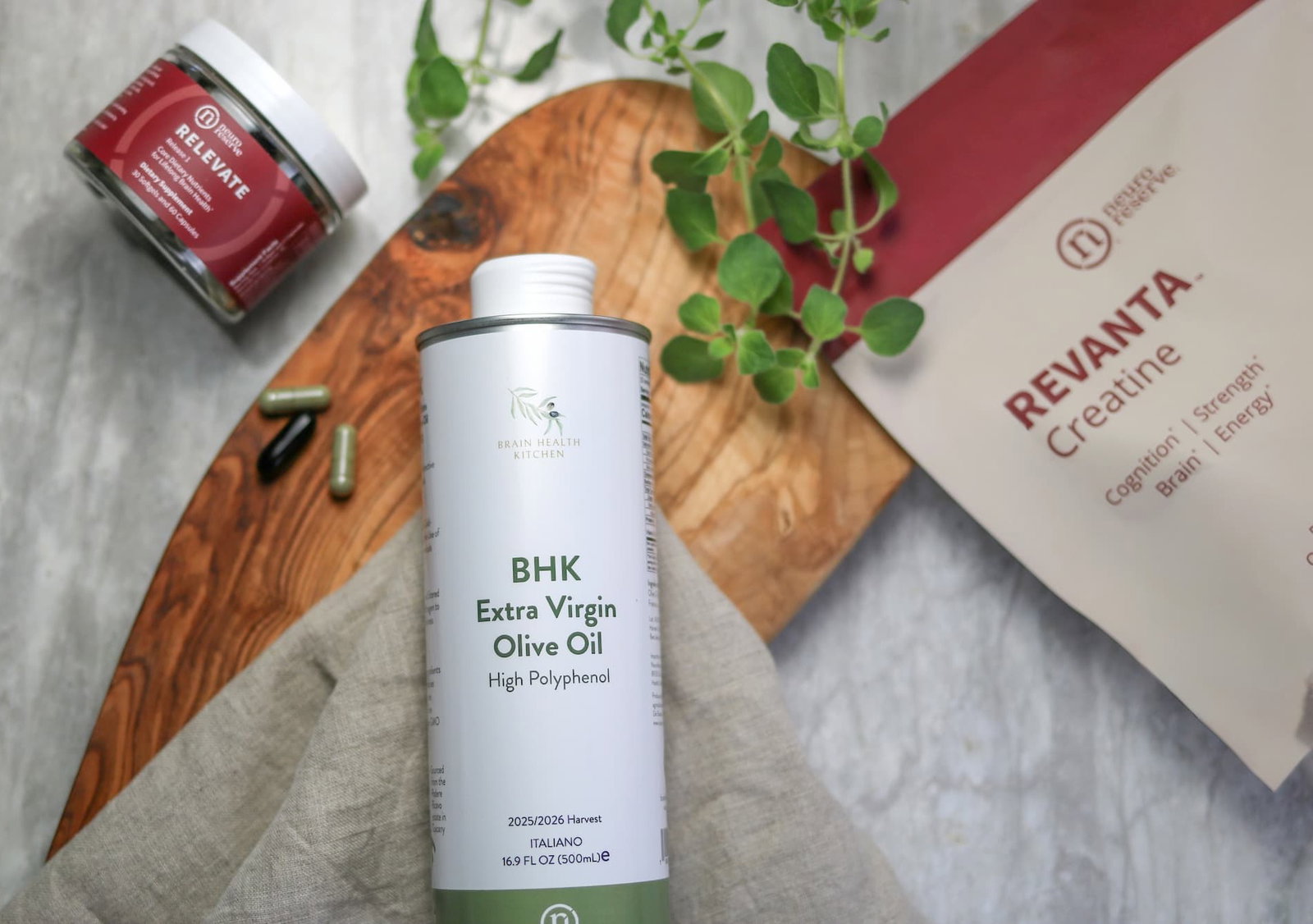 NeuroReserve RELEVATE, BHK Extra Virgin Olive Oil, and REVANTA Creatine