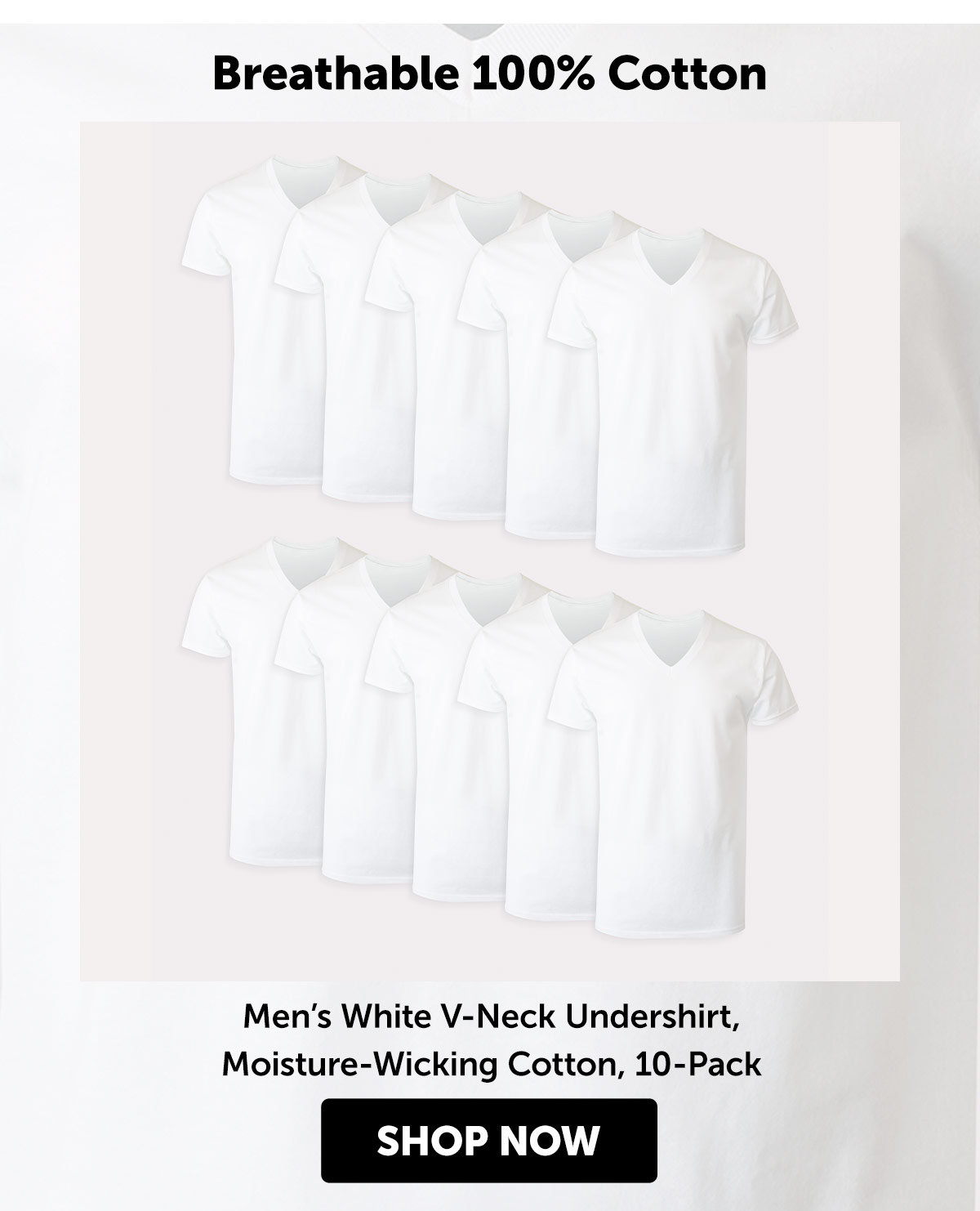 Men’s White V-Neck Undershirt, Moisture-Wicking Cotton, 10-Pack