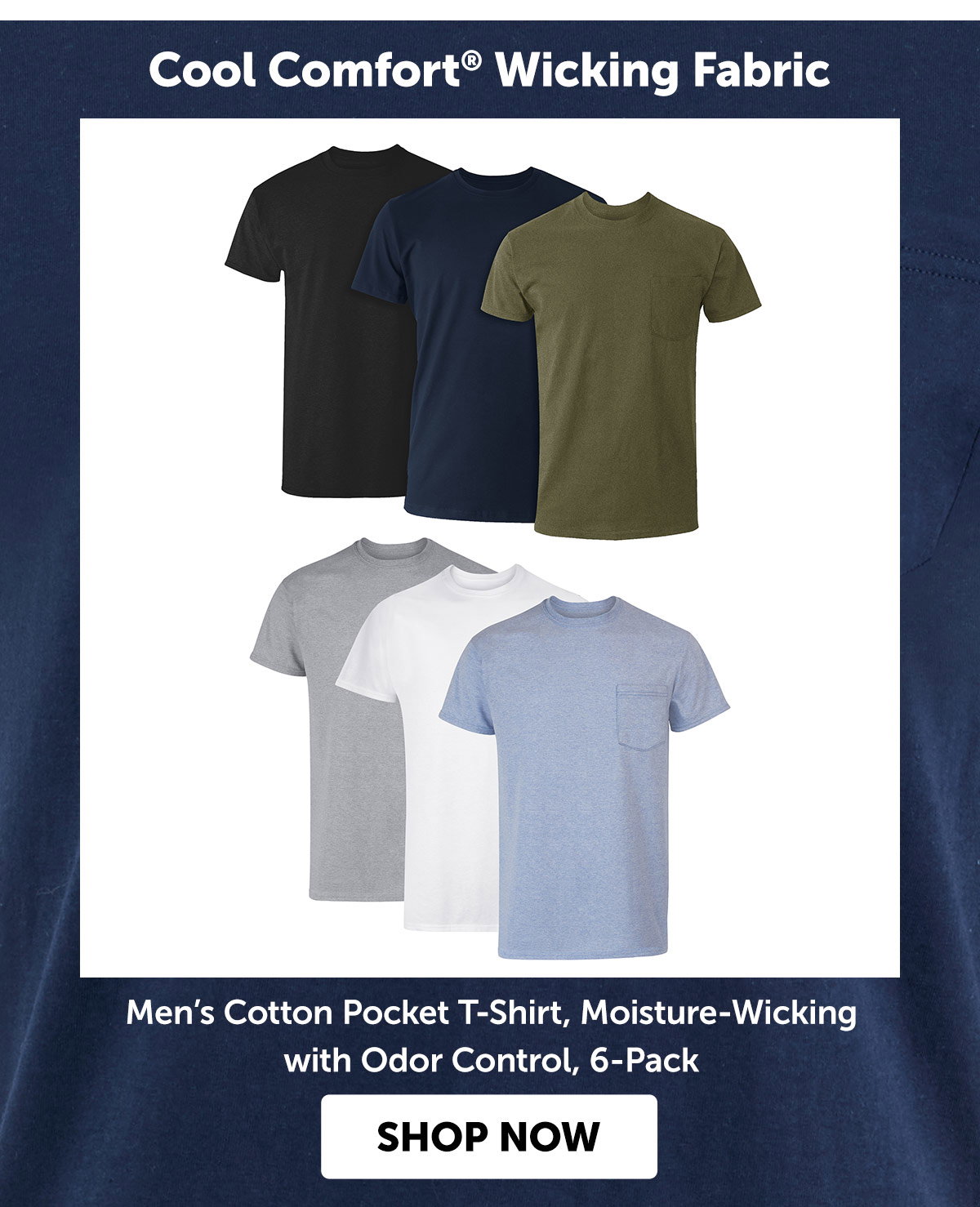 Men’s Cotton Pocket T-Shirt, Moisture-Wicking with Odor Control, 6-Pack