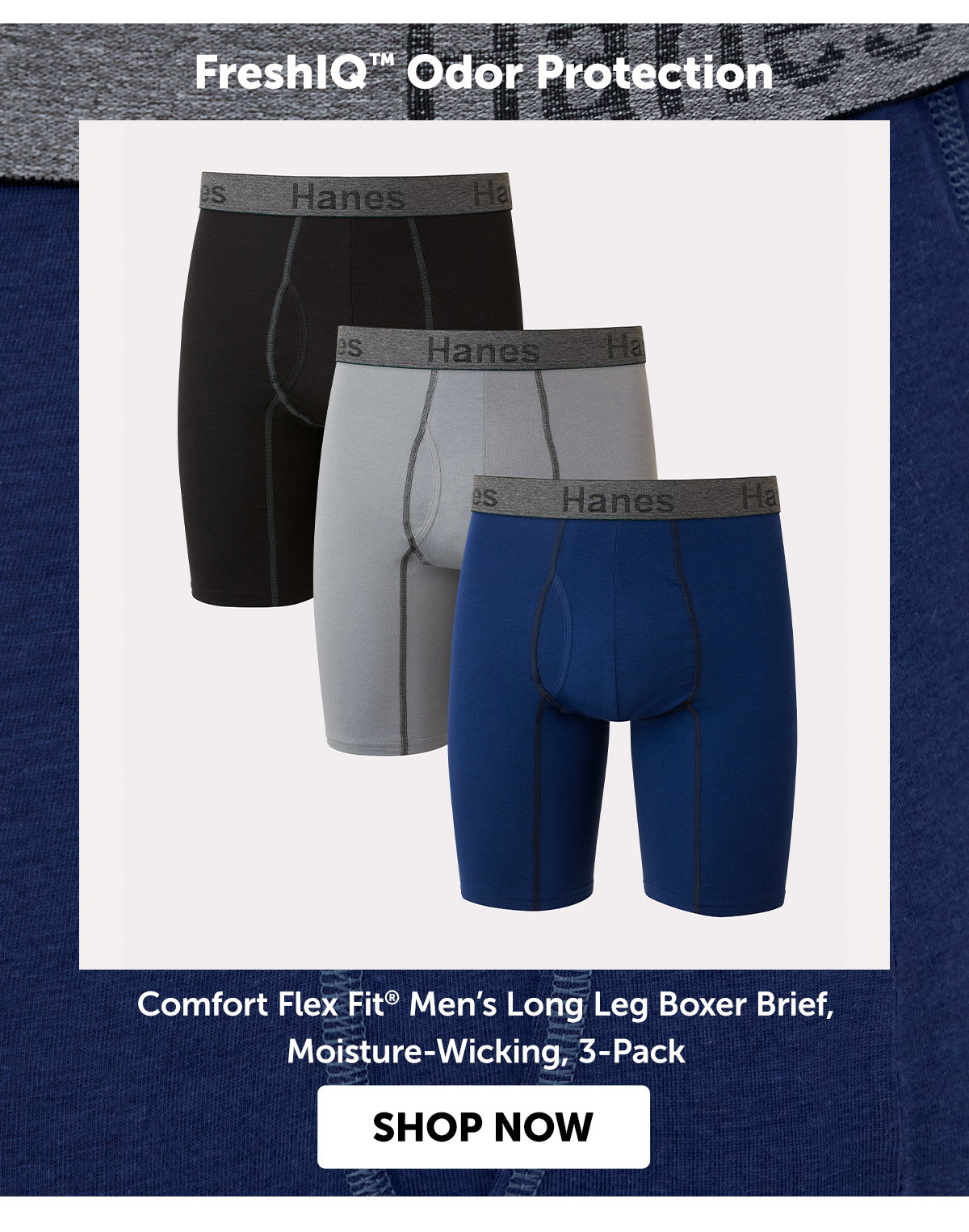Comfort Flex Fit Men’s Long Leg Boxer Brief, Moisture-Wicking, 3-Pack